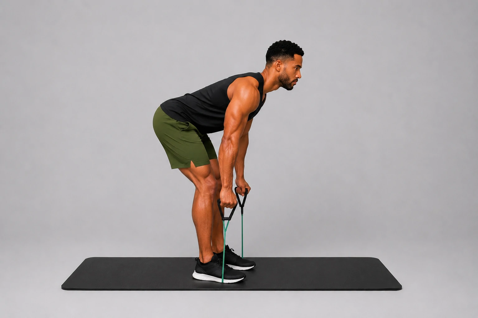 Band deadlift start position with hips hinged and hands holding the band