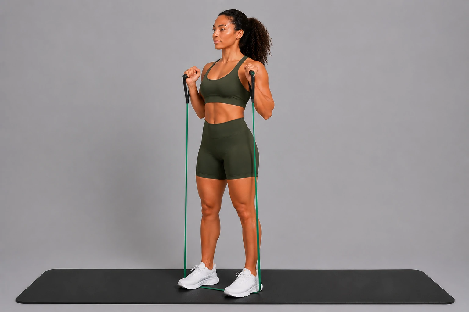 Band squat start position standing with the band held at shoulder height