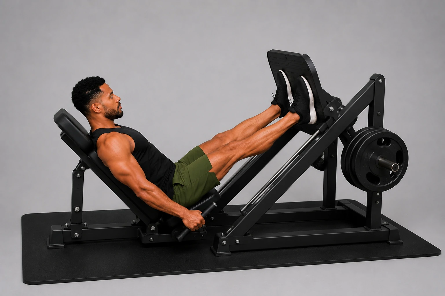 Leg press end position with legs extended without locking the knees