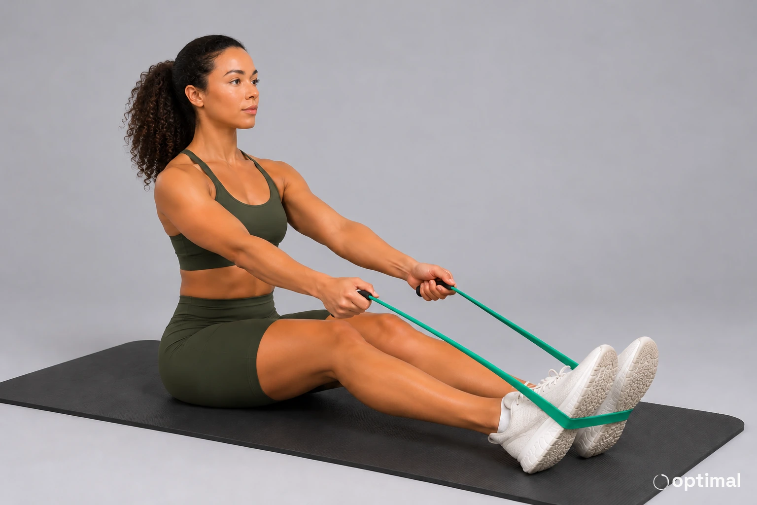 Seated resistance band row start position: woman sitting tall on a mat with knees softly bent, green band anchored around the soles of both feet and arms extended forward with light tension