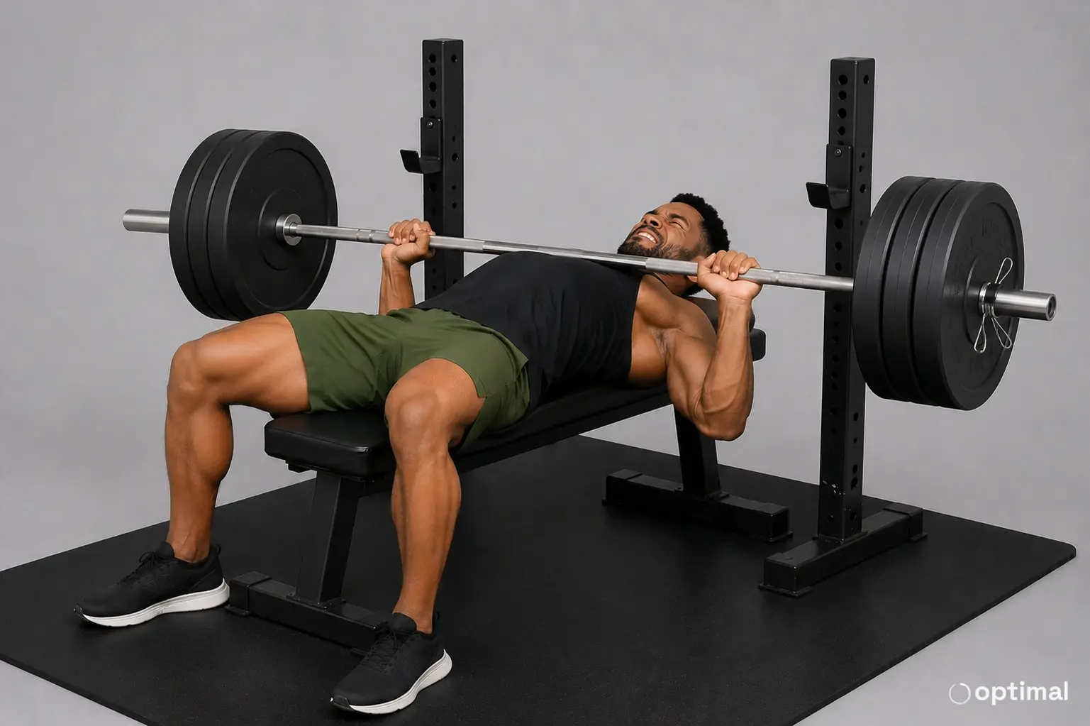 Man struggling with a bench press load that appears too heavy