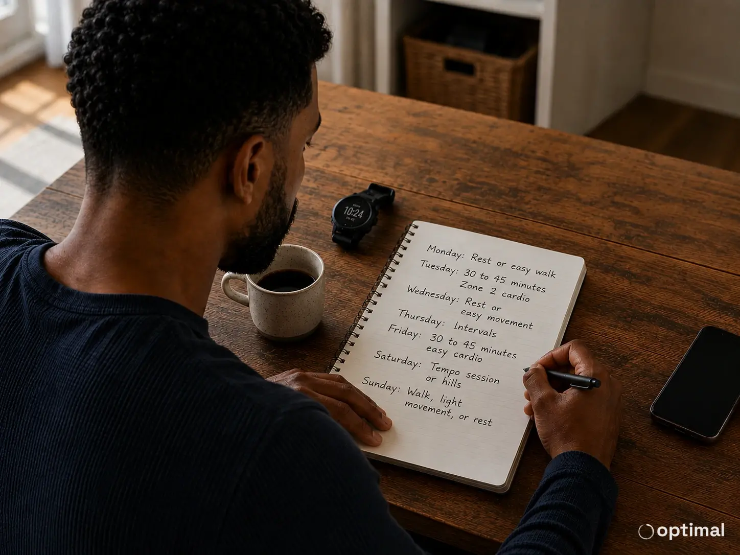 A person writing a simple weekly VO₂ Max training plan in a notebook